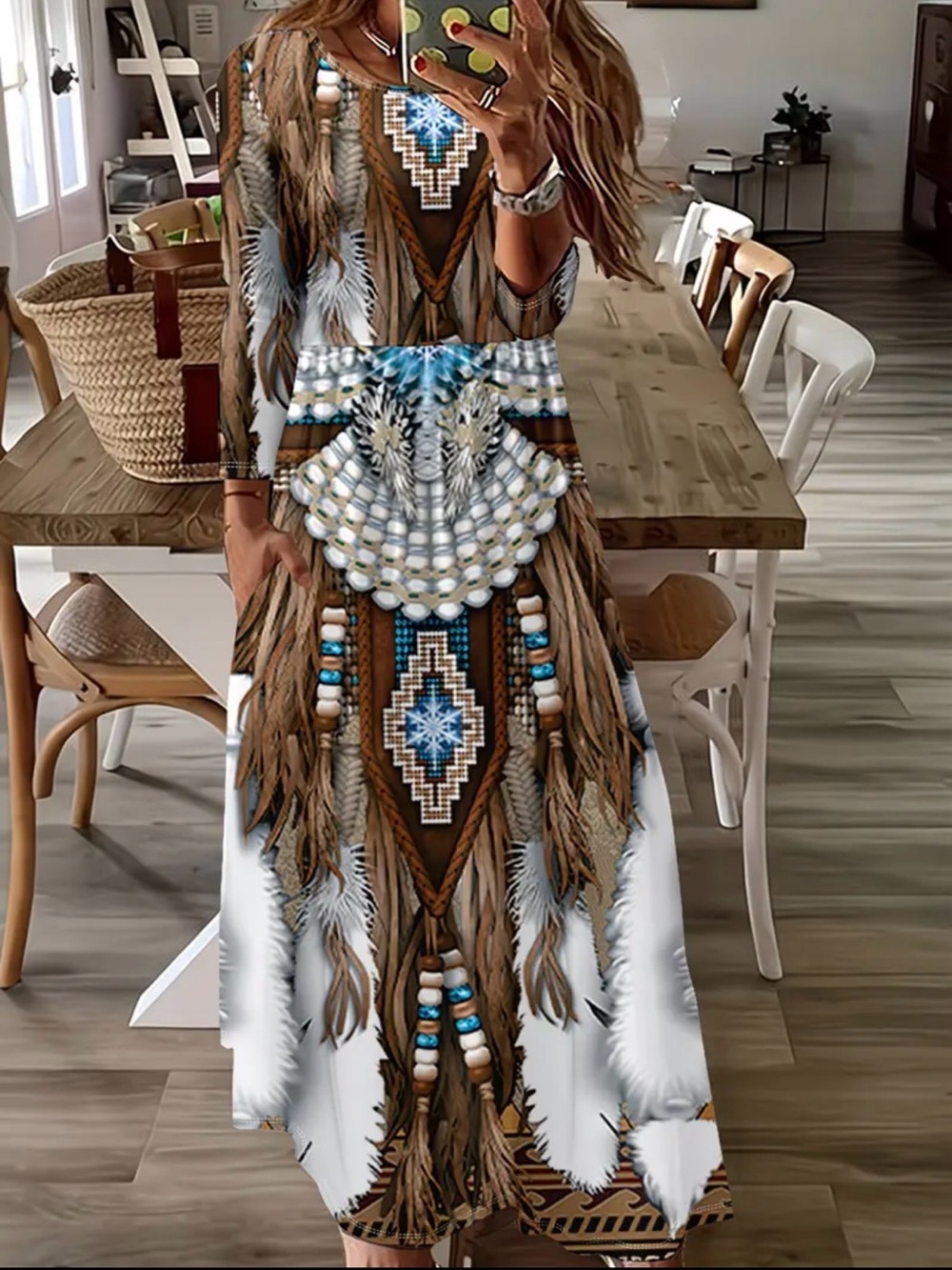 Tribal Beaded -Print Long Sleeve Maxi Dress